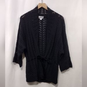 Ann Taylor Loft Wool Blend Eyelet Cardigan Sweater Women's L Black Minimalist
